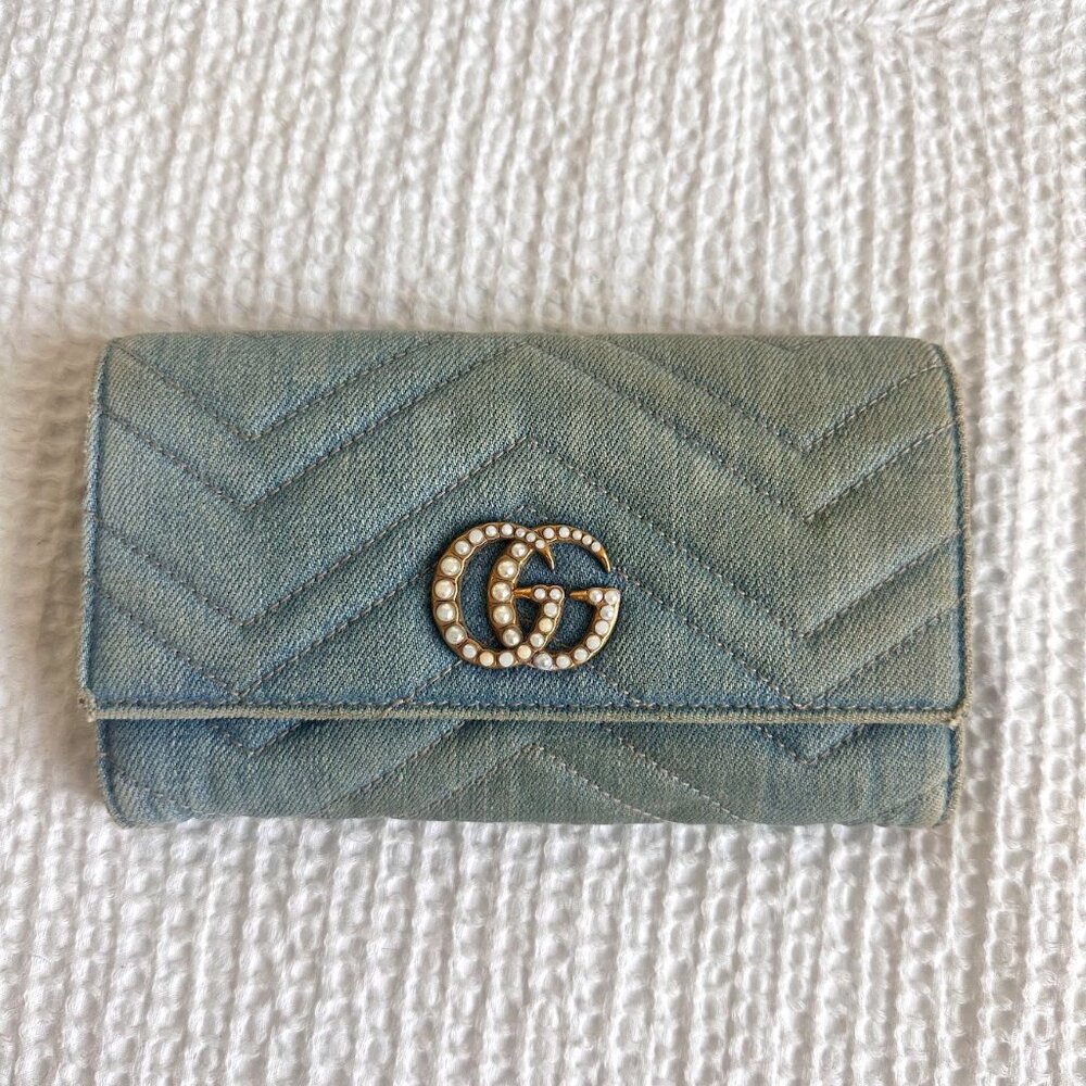 GUCCI GG Marmont Denim Pearl Long Wallet